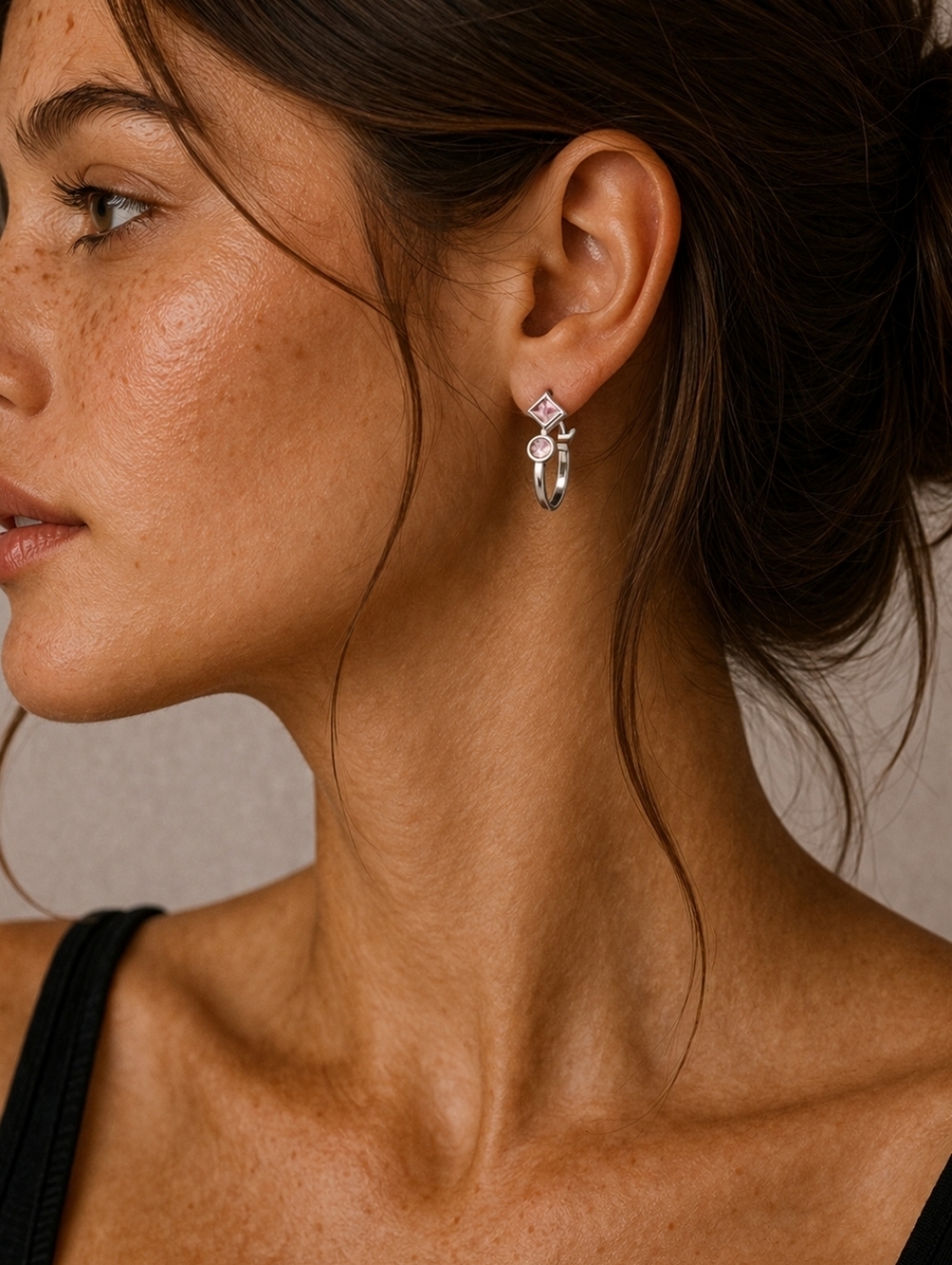 Sterling Silver Pink Geometric Gemstone Square Hoop Earrings